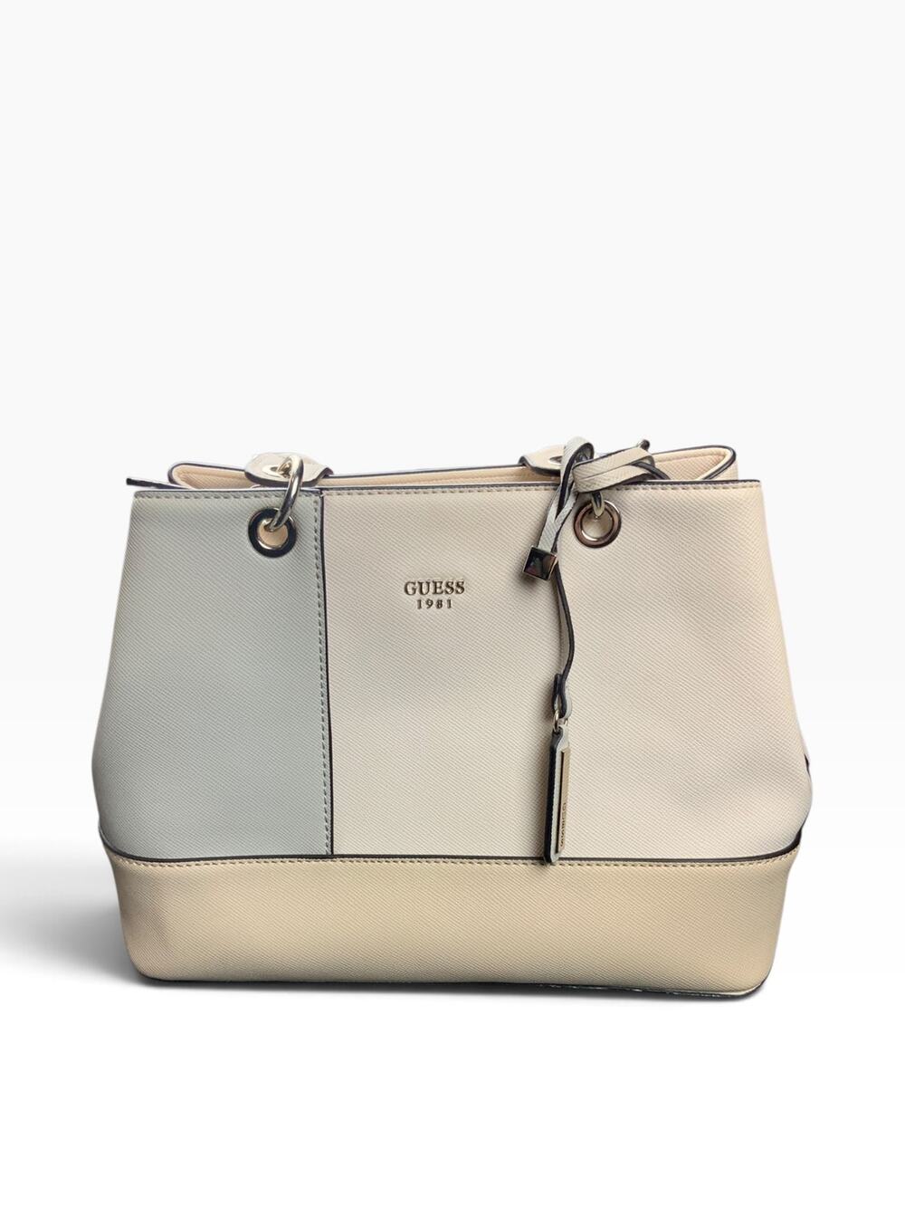 GUESS 1981 Satchel Handbag Cream Ivory Structured Tote Shoulder Bag Logo Charm